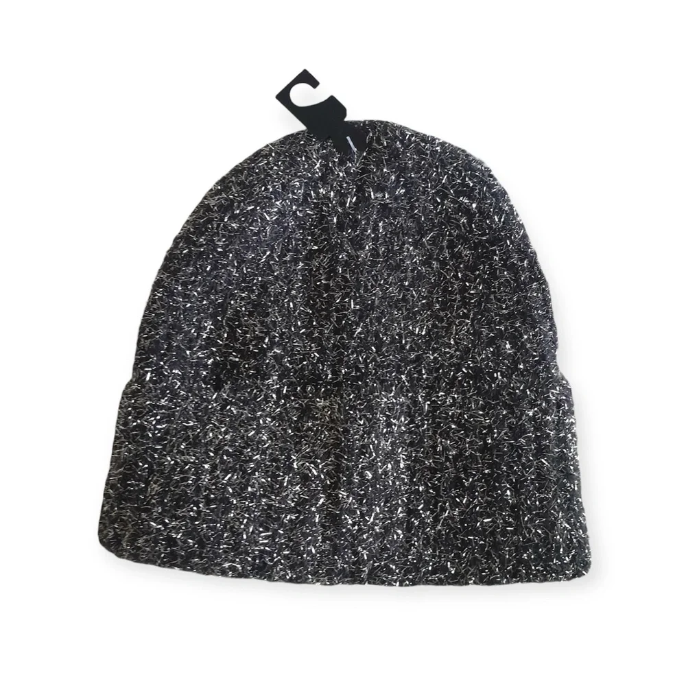 Kate Spade New York Black Silver Tinsel Knit Beanie Winter Hat NWT